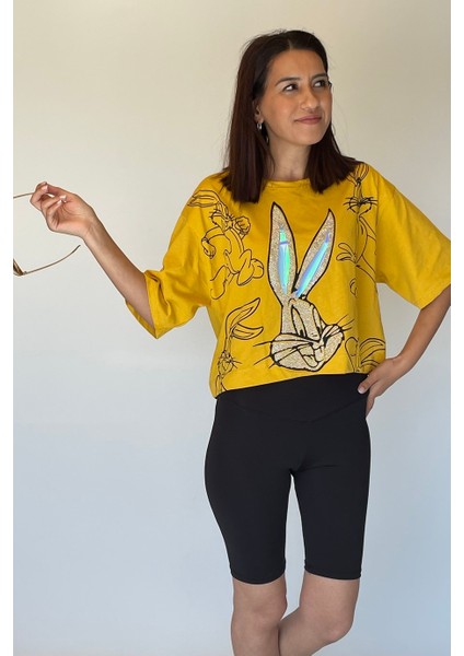 Kadın Bugs Bunny Taş Süslemeli Kısa T-Shirt