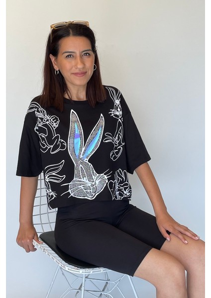 Kadın Bugs Bunny Taş Süslemeli Kısa T-Shirt