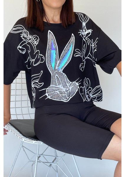 Kadın Bugs Bunny Taş Süslemeli Kısa T-Shirt