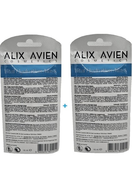 ALİX AVIEN COSMETICS VİTAL HYDRATİON YOĞUN NEMLENDİRİCİ MASKE TEK KULLANIMLIK 15ml 2 Adet