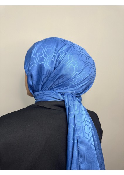 Geometrik Desen - Ipeksi Jakarlı Şal - Indigo Renk