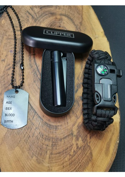 Clipper Çakmak,paracord Pusulalı Bileklik ve Asker Künye Seti