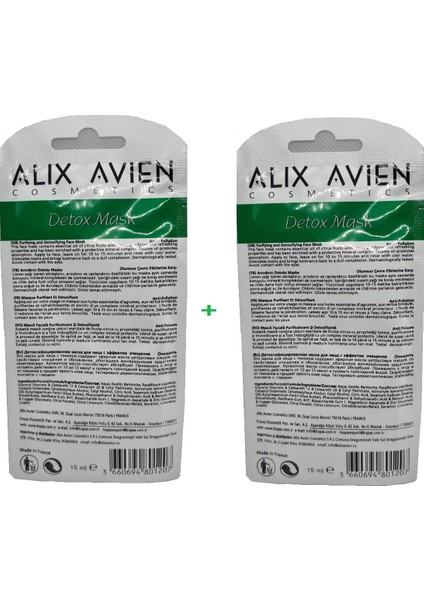 ALİX AVIEN COSMETICS ARINDIRICI DETOX MASKE TEK KULLANIMLIK 15ml 2 Adet