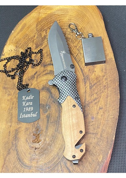 Browning 21 cm Avcı Çakı + Asker Künye + Kibrit Çakmak Seti