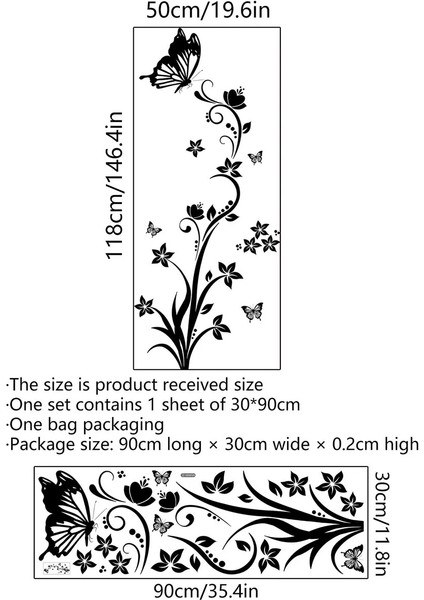 MS4185-ZC Stili 30*90 cm Siyah Çiçek Kelebek Duvar Çıkartmaları Buzdolabı Arka Duvar Oturma Odası Yatak Odası Restoran Dekoratif Duvar Pvc Duvar Çıkartmaları (Yurt Dışından)