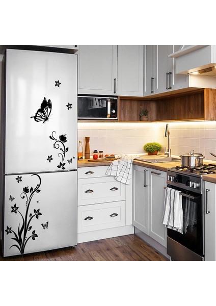 MS4185-ZC Stili 30*90 cm Siyah Çiçek Kelebek Duvar Çıkartmaları Buzdolabı Arka Duvar Oturma Odası Yatak Odası Restoran Dekoratif Duvar Pvc Duvar Çıkartmaları (Yurt Dışından)