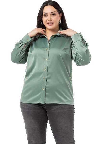 Büyük Beden Saten Dokulu Manşetli Mint Yeşili Gömlek