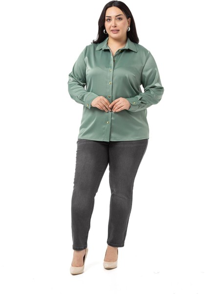 Büyük Beden Saten Dokulu Manşetli Mint Yeşili Gömlek fiyatları