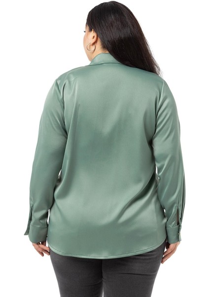 Büyük Beden Saten Dokulu Manşetli Mint Yeşili Gömlek modelleri