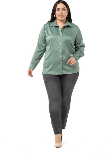 Büyük Beden Saten Dokulu Manşetli Mint Yeşili Gömlek indirimleri