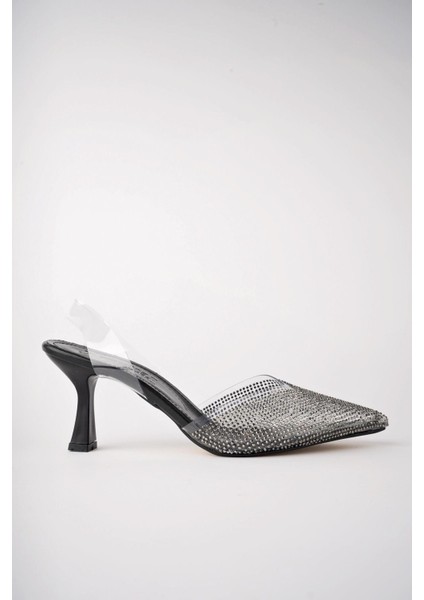 Juliet Garantili Kadın Sivri Burun Parlak Taşlı Arkası Açık Şeffaf Bantlı Topuklu Ayakkabı