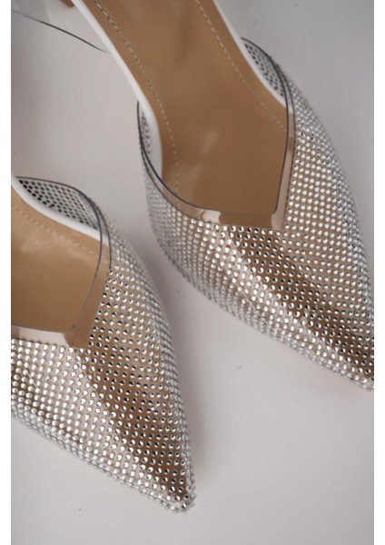 Juliet Garantili Kadın Sivri Burun Parlak Taşlı Arkası Açık Şeffaf Bantlı Topuklu Ayakkabı fiyatları