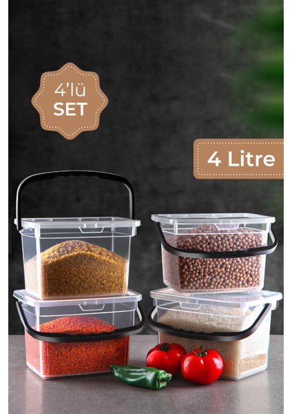 4lü Kare Un Bakliyat Kabı 4 Litre - Kulplu Deterjanlık Saklama Kutusu Kabı Beyaz