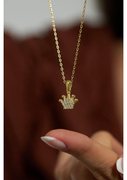 Zirkon Taşlı Gold Taç Model Minimal Gümüş Kolye fiyatları