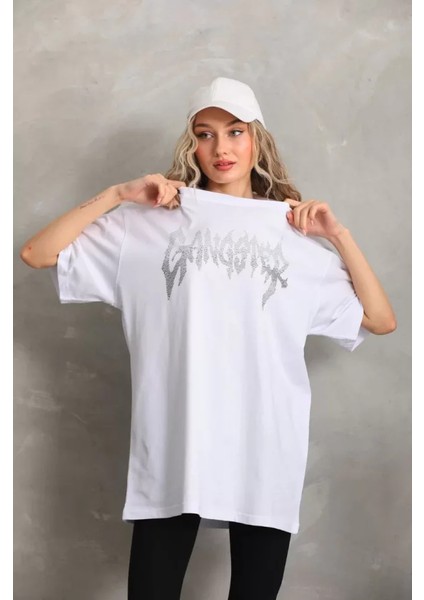 Aisha Elbise  Taş Desenli Oversize T-Shirt - Beyaz