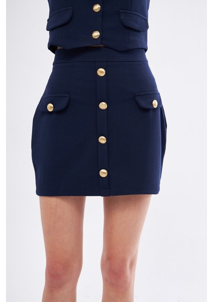 Lacivert Regular Fit Yüksel Bel Düğme ve Cep Detaylı Etek