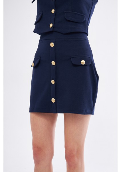Lacivert Regular Fit Yüksel Bel Düğme ve Cep Detaylı Etek fiyatları