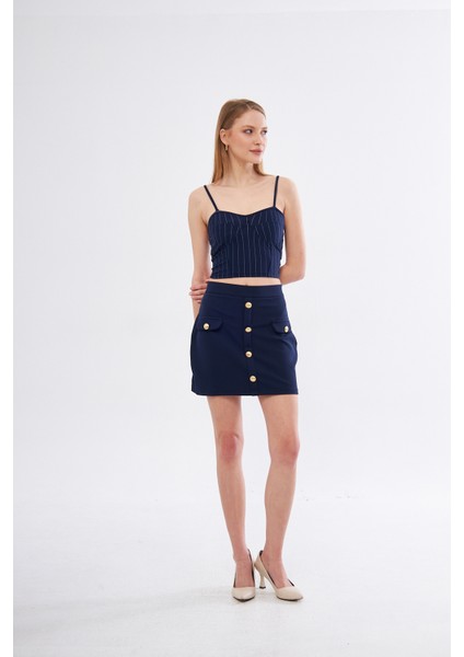 Lacivert Regular Fit Yüksel Bel Düğme ve Cep Detaylı Etek fırsatları