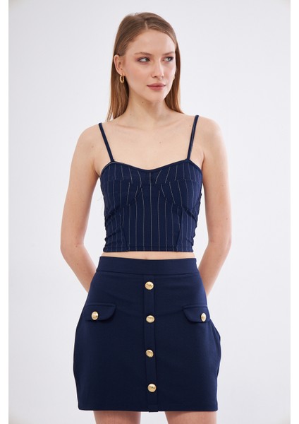 Lacivert Regular Fit Yüksel Bel Düğme ve Cep Detaylı Etek indirimleri