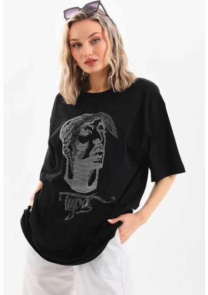 Aisha Elbise  Taş Desenli Oversize T-Shirt - Siyah