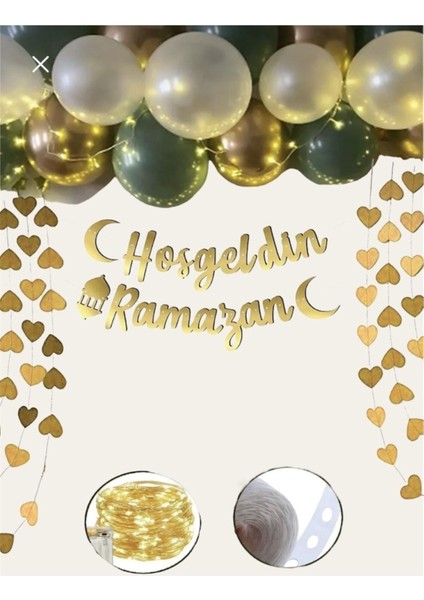 Hoşgeldin Ramazan Gold Yazı Ledli Zincir Balon Seti Ramazan Bayramı Oda Süsleme Seti