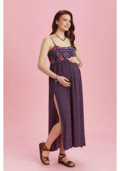 Askılı Yırtmaçlı Çiçekli Robadan Hamile Elbise modelleri