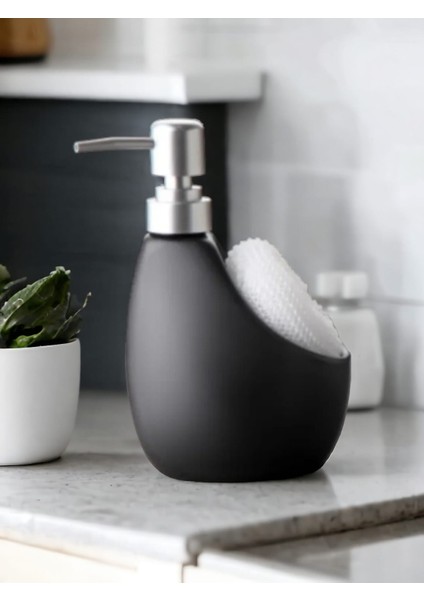 Lüks Porselen Gri 500 ml Süngerli Banyo Mutfak Sıvı Sabunluk Bulaşık Deterjanlık Gümüş Kapak
