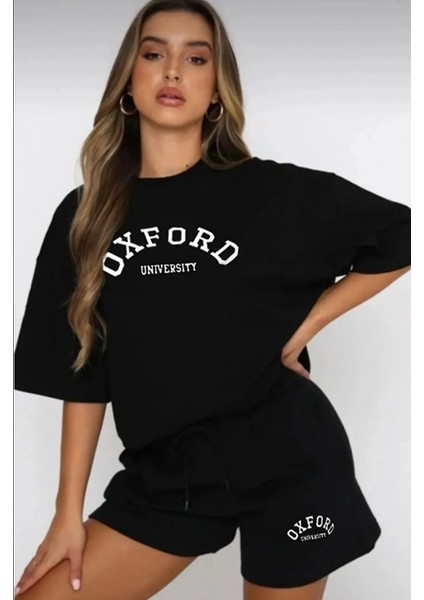 Siyah Kadın Oxford Alt Üst Baskılı Şort T-Shirt Takım