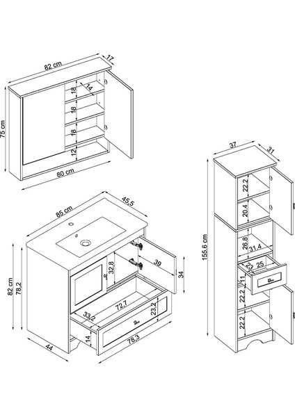 Lavabolu Mat Beyaz Mdf 85 cm Çekmeceli Banyo Dolabı Aynalı Banyo Üst Dolabı Boy Dolabı