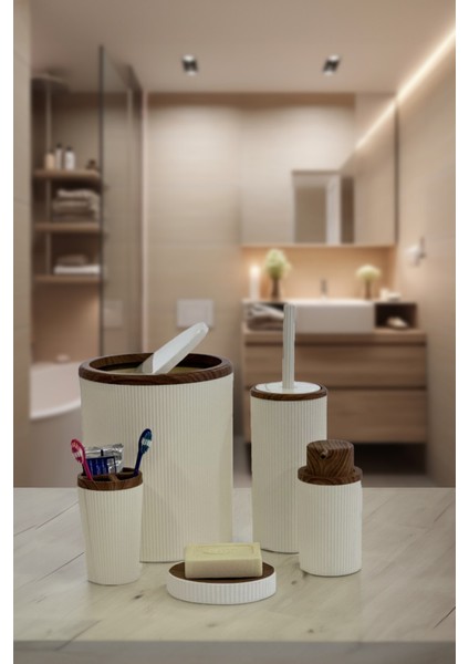 Auaro 5 Parça Beyaz Çizgili Ahşap Kapaklı Yuvarlak 5'li Banyo Seti