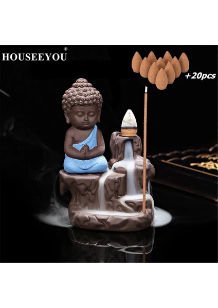 45 Adet Lavanta Tarzı Küçük Keşiş Buhurdan Buda Tütsü Tutucu Geri Akış Tütsü Brülör + Şelale Aroma Koku Konileri Ev Dekorasyonu Soba (Yurt Dışından)