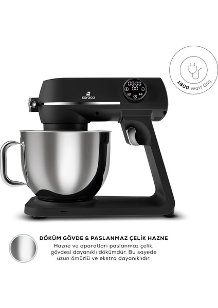 Artisan Premium Döküm Gövde Dokunmatik Digital Ekran 7 Litre Stand Mikser Siyah 1800W