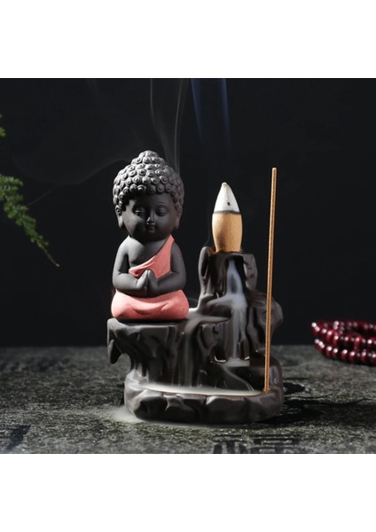 Yeşil Stil Küçük Keşiş Buhurdan Buda Tütsü Tutucu Geri Akış Tütsü Brülör + Şelale Aroma Koku Konileri Ev Dekor Hediye (Yurt Dışından)