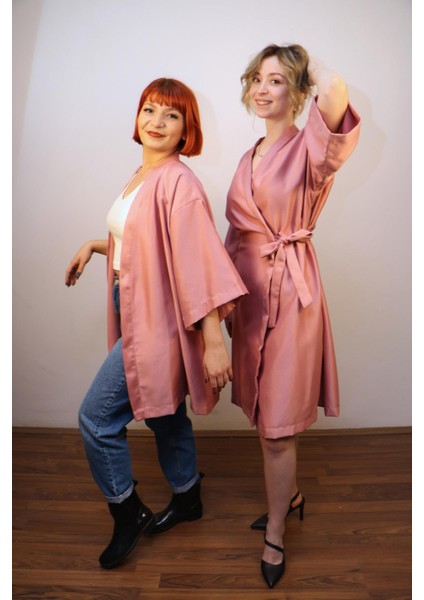 Unisex Saten Kumaş, Pudra Rengi, Kısa Kimono