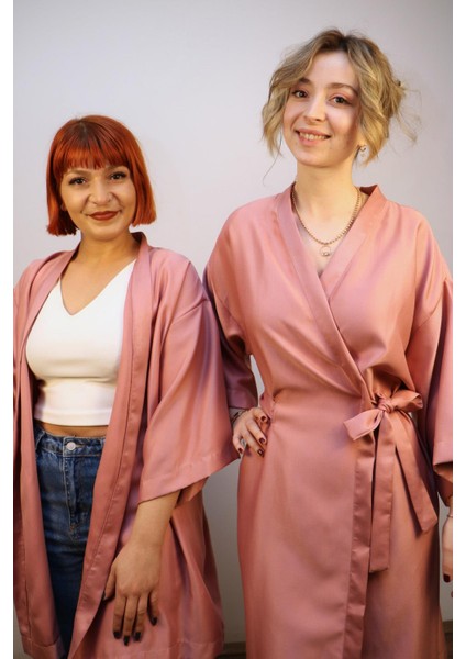 Unisex Saten Kumaş, Pudra Rengi, Kısa Kimono