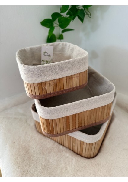 Home Naturel 3'lü Set Bambu Kare Düzenleyici Organizer Sepet