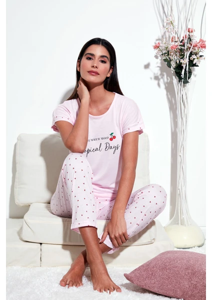 Regular Fit Bisiklet Yaka Kısa Kollu Pijama Takım Bayan Pijama Takımı 6097310