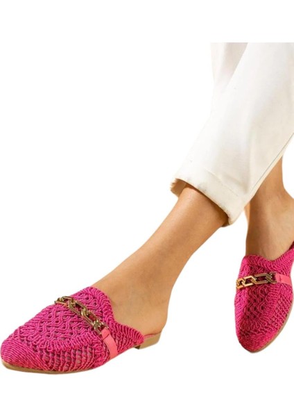 Kadın Zincir Detaylı Desenli Terlik PEMBE