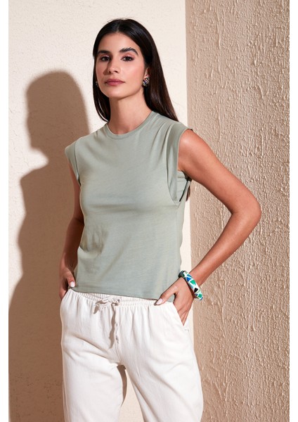 Pamuklu Bisiklet Yaka Kolsuz Basic T Shirt Kadın T Shirt 5864201