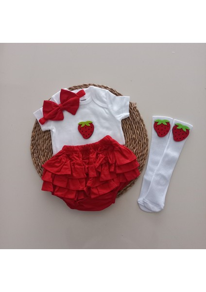Kız Bebek Kırmızı Çilek Fırfır Şort Etek Bodyli Çorap Takımı