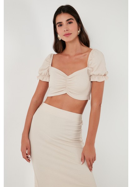 Slim Fit Büzgü Detaylı Kalp Yaka Crop Bluz Kadın Bluz 5865601 fiyatları