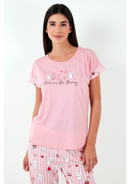 Regular Fit Bisiklet Yaka Kısa Kollu Pijama Takım Bayan Pijama Takımı 6097310