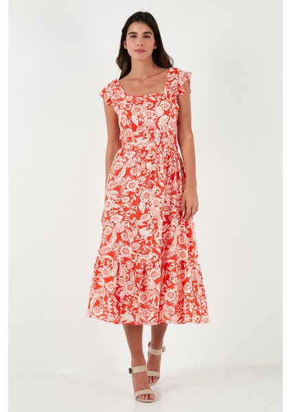 Desenli Regular Fit Kare Yaka Volanlı Midi Elbise Kadın Elbise 611EL501 modelleri