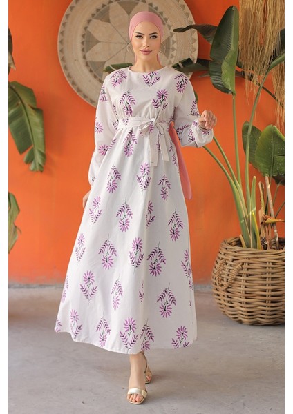 Desenli Tesettür Elbise 822 - Lila