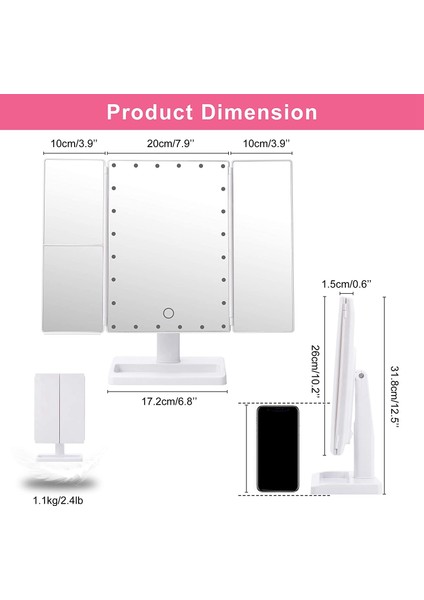 22 LED Işıklı Üç Katlı Makyaj Aynası, 10X/3X/2X Büyütme Taşınabilir Katlama Işıklı Masa Masası Kozmetik Ayna, Beyaz (Yurt Dışından) fırsatları