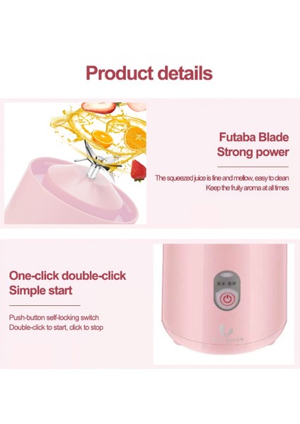 Gui Xulian Taşınabilir Blender Şarj Edilebilir Meyve Suyu Karıştırıcı 6 Bıçaklı Elektrikli Shake Kupası Blender Smoothie Buz Ezme Fincan Pembe (Yurt Dışından)