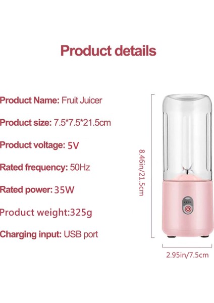 Gui Xulian Taşınabilir Blender Şarj Edilebilir Meyve Suyu Karıştırıcı 6 Bıçaklı Elektrikli Shake Kupası Blender Smoothie Buz Ezme Fincan Pembe (Yurt Dışından)