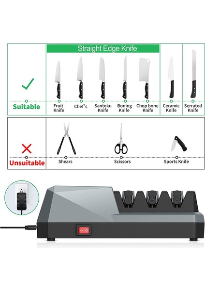 Gui Xulian Elektrikli Bıçak Bileyici- Bıçak Bileyiciler, 3 Kademeli Elektrikli Bıçak Bileyici, 3 Kademeli, Gri Ab Fişi (Yurt Dışından)