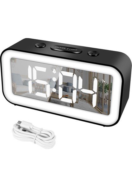 Dijital Çalar Saat, Ayarlanabilir Parlaklık Aynası Elektronik LED Saat, Yatak Odaları Için 12/24 Saat Çalar Saatler (Siyah) (Yurt Dışından)