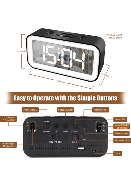 Dijital Çalar Saat, Ayarlanabilir Parlaklık Aynası Elektronik LED Saat, Yatak Odaları Için 12/24 Saat Çalar Saatler (Siyah) (Yurt Dışından) fırsatları